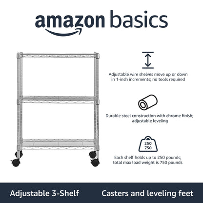 Amazon Basics 3-Shelf Heavy Duty Adjustable Wire Shelving Storage Rack on 2" PP Plastic Wheel Casters, Steel Utility Shelving Unit for Garage and Laundry Room, 23.2" x 13.4" x 32.75", Chrome