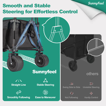 SUNNYFEEL Extra Large Folding Wagon 300L - 500LBS Heavy Duty Beach Wagon Cart with Big All-Terrain Wheels, Stable Frame, Adjustable Handle for Camping, Groceries, Shopping (Black, Tall Version)