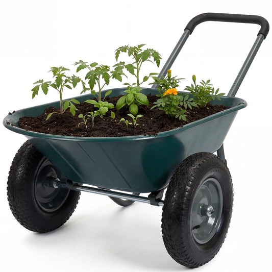 Garvee Wheelbarrow Garden Cart, Heavy Duty Home Utility, Dual-Wheel Home Garden Yard Utility Wheelbarrow Cart with Built-in Stand,(Green)