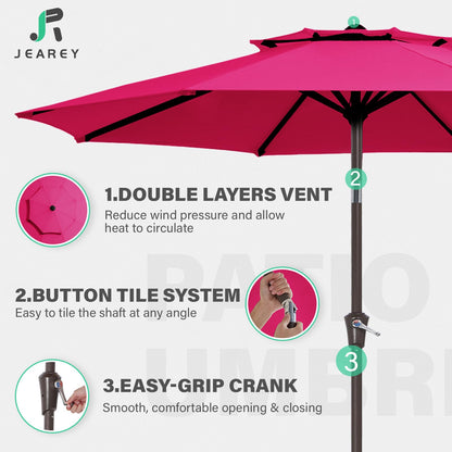 JEAREY 9' 2-Tiers Patio Umbrellas Outdoor Table Market Umbrella w/Push Button Tilt/Crank, 8 Sturdy Ribs, UV Protection Waterproof Sunproof(Rose Pink)