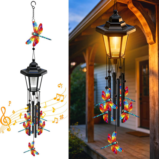 Large Solar Dragonfly Wind Chimes, Gifts for Women Mom Grandma Wife Sister Daughter Neighbor, Black Metal Wind Chimes with Wind Catcher, Solar Decor Lights for Outdoor Garden Patio Yard Porch Window