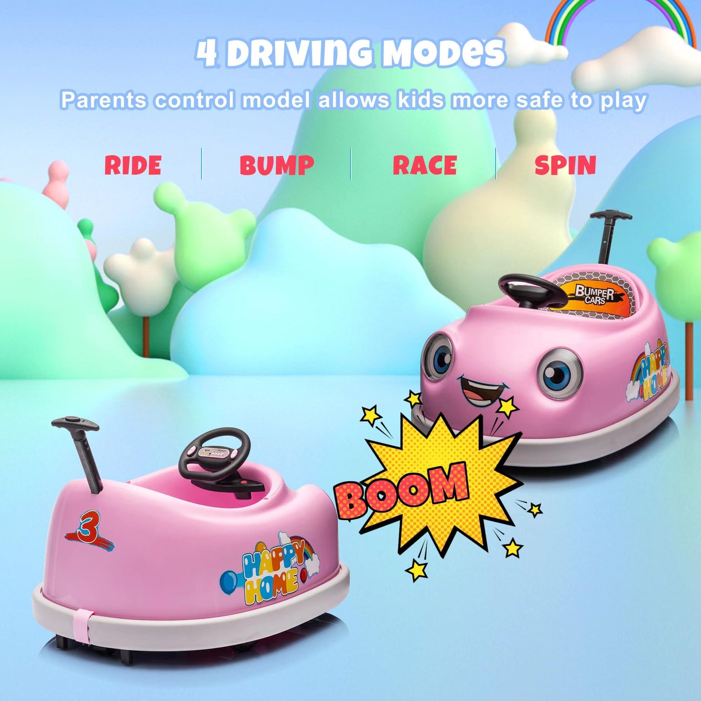 12V Dual Battery Electric Ride on Kids Bumper Car w/Remote Control,360 Degree Spin,Push Rod Rocker Horse Function,3-Speeds Babies & Toddlers Bumping Car Ride on Toy Gift for 1-4 Years Children (Pink)