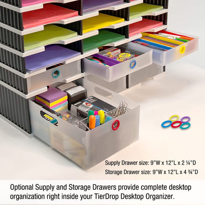 Ultimate Office Desktop Organizer 9 Letter Tray Sorter PLUS Riser Storage Base for Easy Access to Lower Slots, Desk Accessories & Supplies. Optional File Topper & Drawers