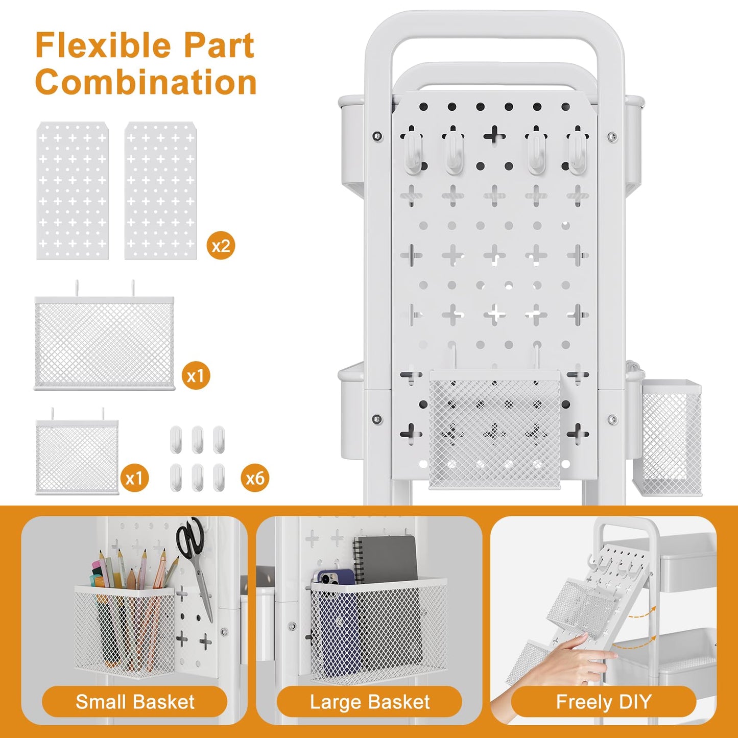 3 Tier Rolling Cart Metal with DIY Pegboard, White Utility Cart with Lockable Wheels, Three Tiered Craft Cart Organizer on Wheel, Utility Roller Storage Carts for Art, Baby Diaper Caddy, Snack, Book
