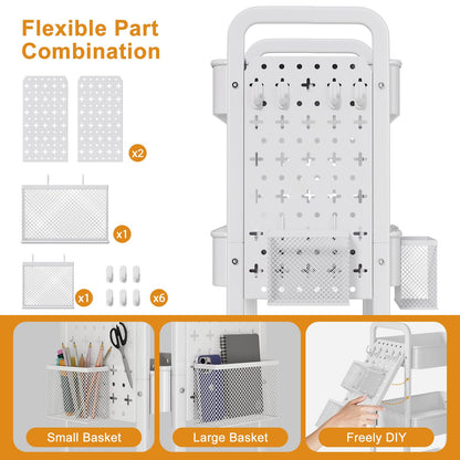 3 Tier Rolling Cart Metal with DIY Pegboard, White Utility Cart with Lockable Wheels, Three Tiered Craft Cart Organizer on Wheel, Utility Roller Storage Carts for Art, Baby Diaper Caddy, Snack, Book