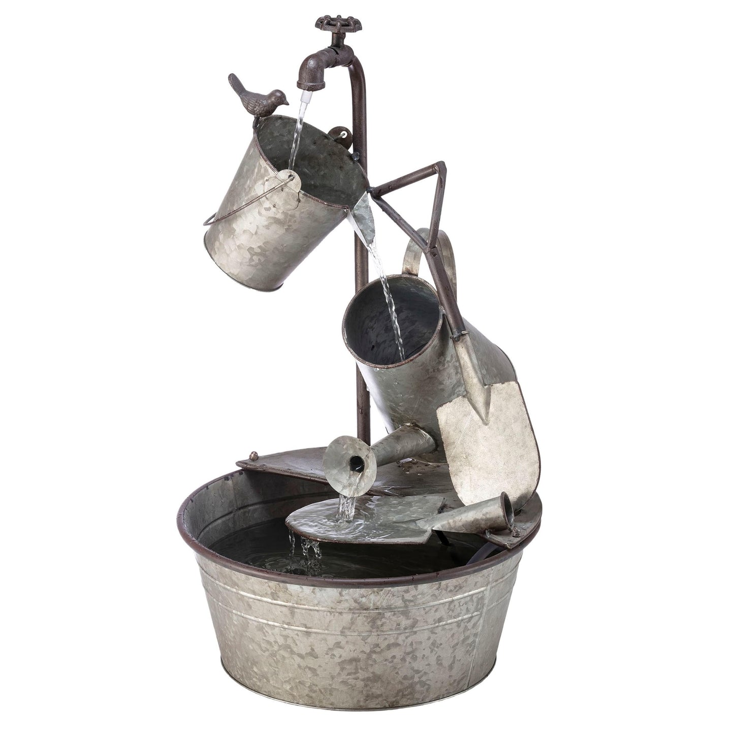 Alpine Corporation YHL106 Outdoor Floor 3-Tiered Metal Garden Tools Water Fountain, Tools and Faucet Waterfall, 28", Gray