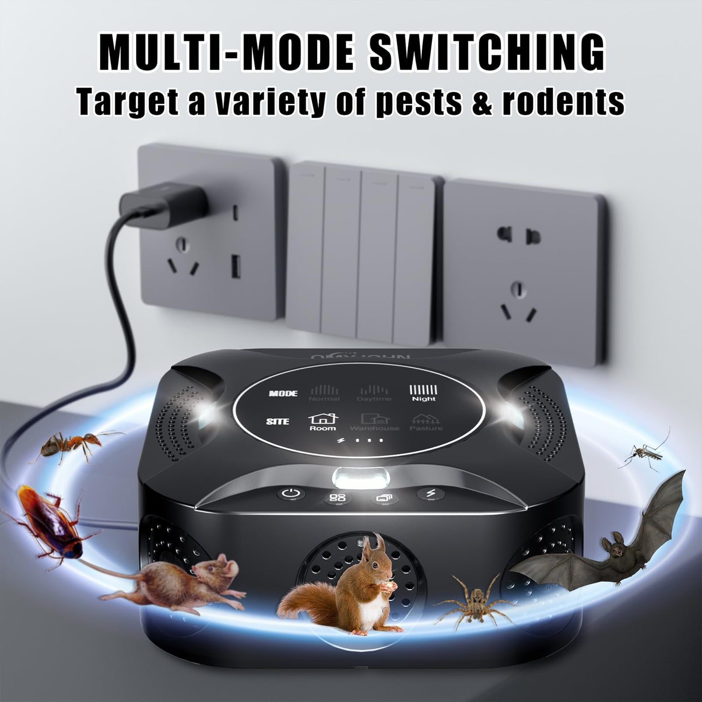 LED Display-Indoor Ultrasonic Pest Repeller Plug-in,with a LED Strobe Light,Effectively Repels Mice,Squirrels,Squirrel Repellent for House,Suitable for Attics,Garages,RVs,etc.