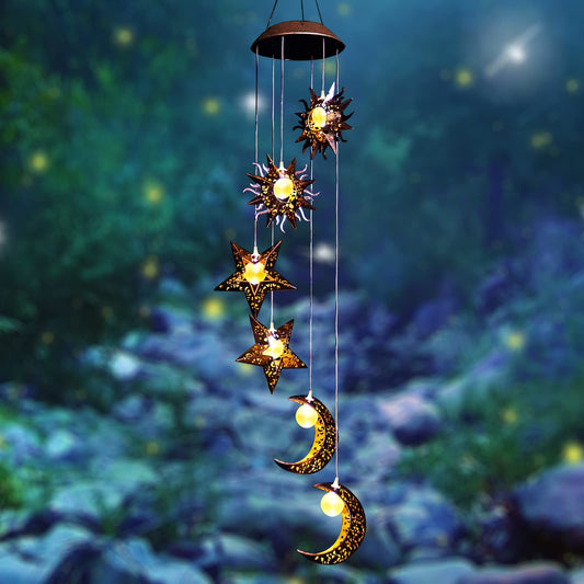 Tryme Solar Wind Chimes for Outside with Sun Moon Star Solar Hanging Lights Windchimes Outdoors Garden Decor Gifts for Mother, Grandma, Sister