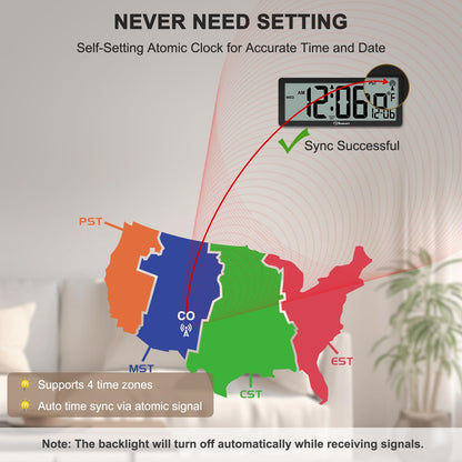 Soobest 8.5" Atomic Digital Wall Clock, Never Needs Setting, Auto Time Sync, Accurate & Easy to Use Clock with Backlight, Battery Operated, Temperature, Date, Auto DST, 4 Time Zones