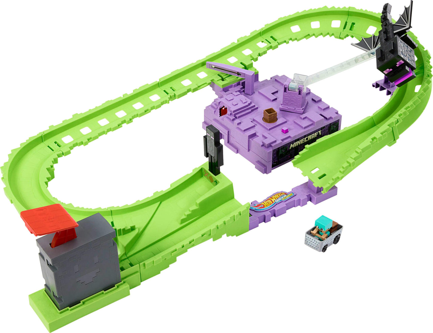 Hot Wheels Toy Car Track Set, RacerVerse Minecraft Playset & Die-Cast Diamond Armor Steve in Minecart Vehicle, Launch & Race to Defeat Ender Dragon