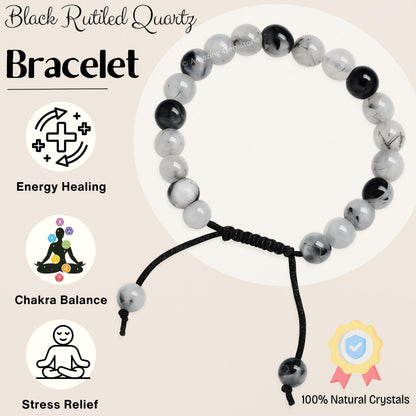 Amazing Gemstone Black Rutilated Quartz Bracelet for Women Men's Gifts - Protection Healing Crystal Bracelet - 8mm Gemstone Beaded Adjustable Bracelet Pulseras Para Hombres Mujer Stocking Stuffers