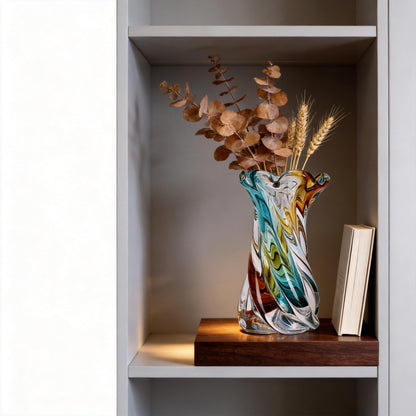 Hand Blown Glass Vase with Swirl Ribbon Design, Flared Opening for Flower Arrangements, Decorative Centerpiece for Home Decor, Birthday Housewarming Gift (Blue)
