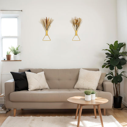 Peryiter 2 Pcs Boho Gold Wall Decor Metal Wall Art X Shaped Hanging Planters with Artificial Pampas Modern Home Gold Bathroom Decor for Bedroom Living Room
