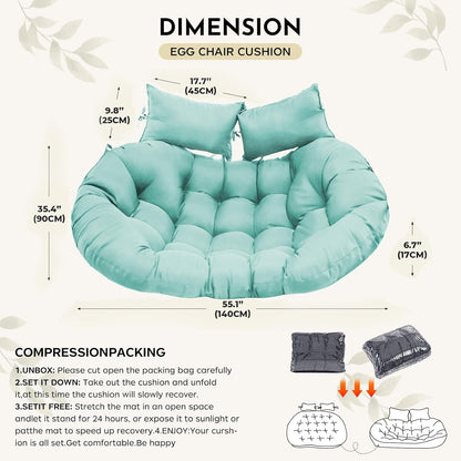 boyspringg Double Egg Chair Cushion Replacement 55x35 Inch, Thickened Memory Foam Patio Cushion for Large Double Egg Swing Chair Papasan, Outdoor Waterproof & Soft Seat Pad, Teal