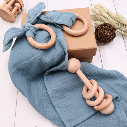 Baby Lovey, Wood Rattle, Teether Ring, 3 Pack Montessori Gift, Navy Blue, Cotton, Double Gauze, Baby Shower, Gender Neutral Gift