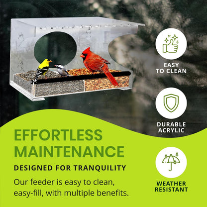 Nature Gear Acrylic Clear Window Bird Feeder with Strong Suction Cups, Removable Sliding Seed Tray, Weather-Resistant & Easy to Clean for Window Viewing, Extended