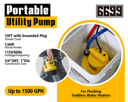 6699 Tankless Water Heater Flushing Kit Includes 1/4HP Submersible Sump Pump with Two Adapters & 3 Gallons Pail with Bucket Lid Opener & Two 1/2” Dia X 6’ PVC Hoses with Washers