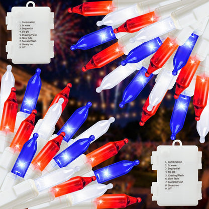 Couah 2 Pack 100 LED 38.4FT Red White and Blue Lights Battery Operated, Patriotic 4th of July Lights 8 Modes-Timer Indoor Outdoor Party Patriotic Memorial Day Independence 4th of July Decorations