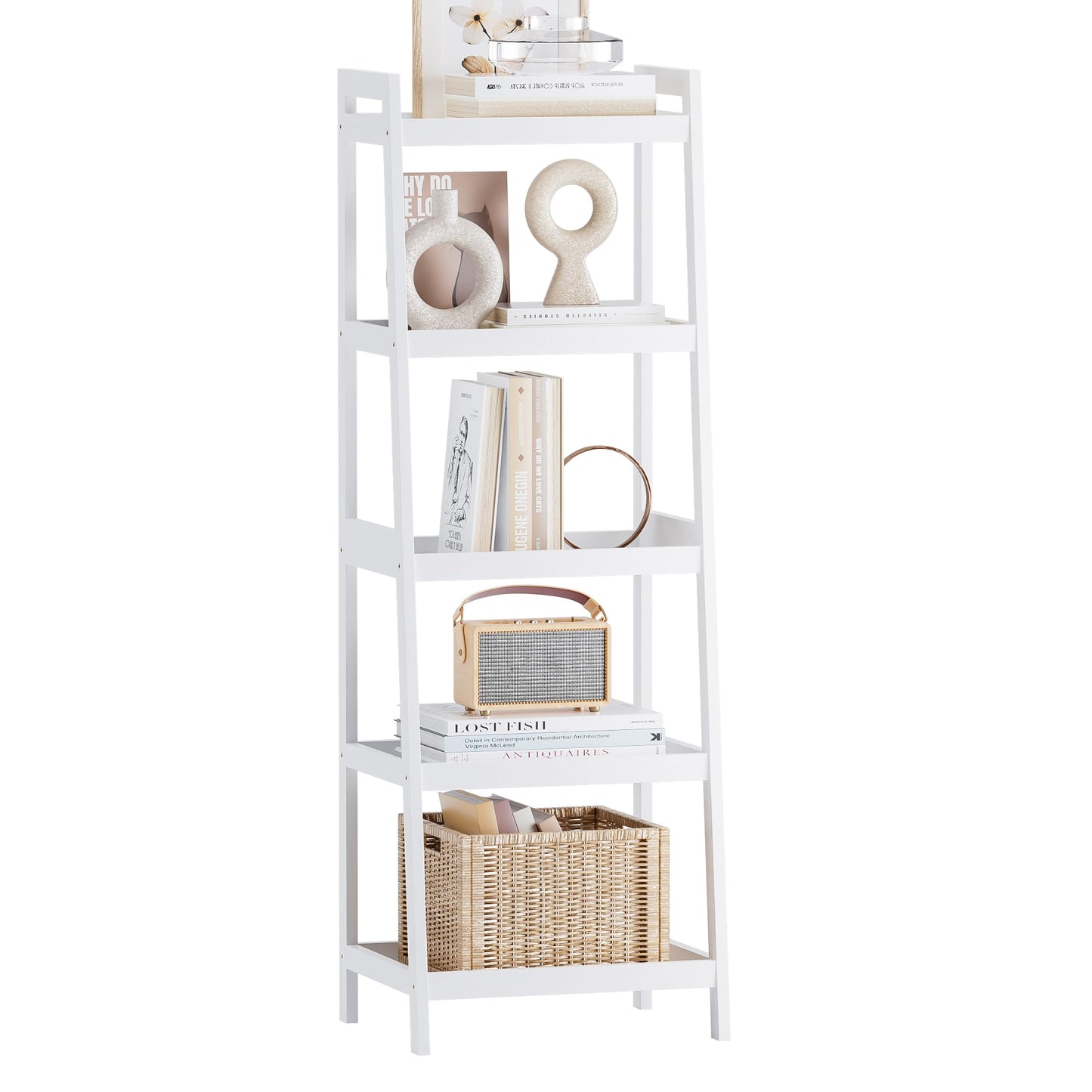 SMIBUY Bamboo Ladder Bookcase, Bathroom Storage Rack Organizer, 4 Tier and 5 Tier Freestanding Plant Display Stand Space Saver Shelves for Bedroom, Kitchen, Balcony (White, 5 Tiers (50" H))