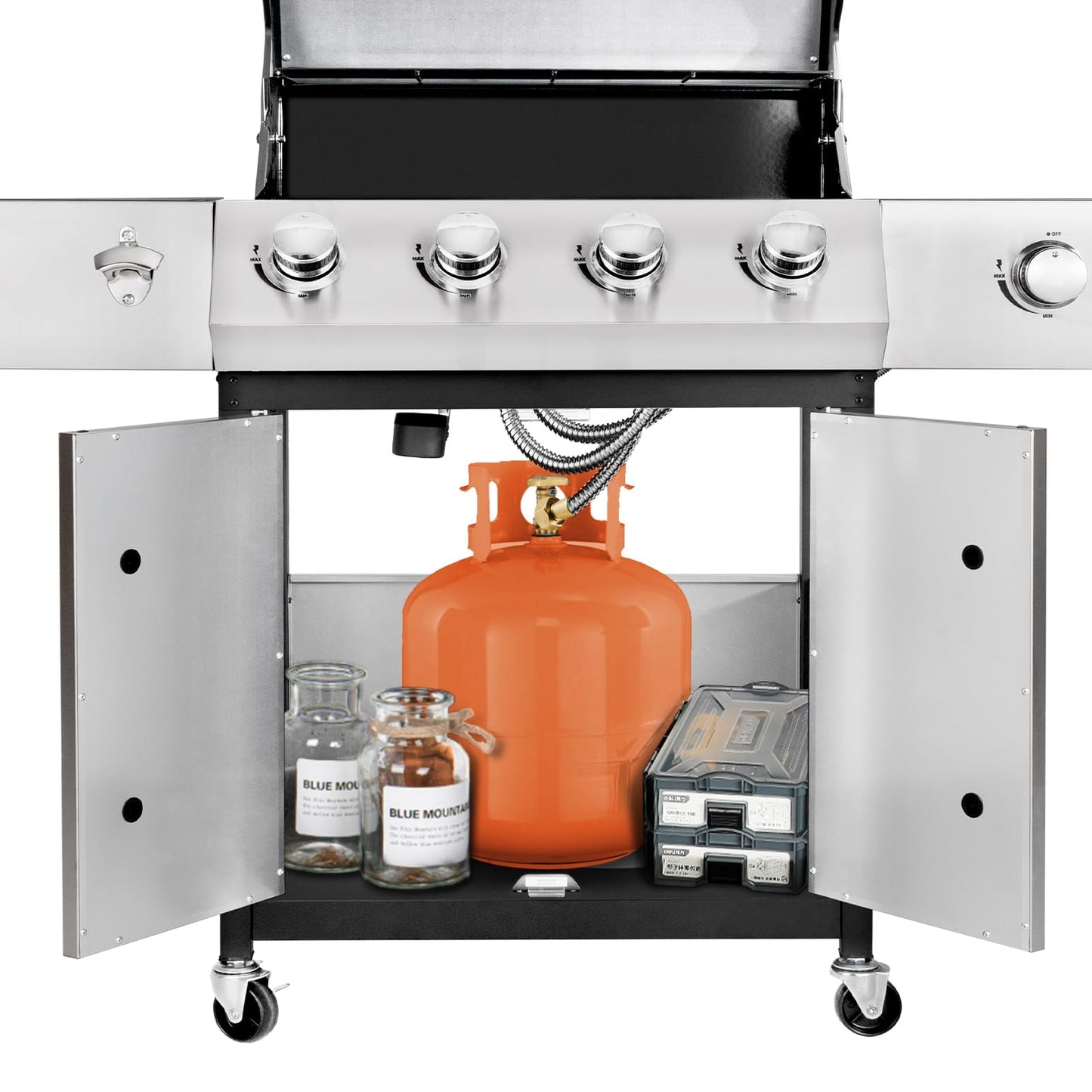 Kendane 4-Burner Propane Gas BBQ Grill with Side Burner, Barbecue Gas Grill with Enameled Cast Iron Grates for Outdoor Patio Garden Barbecue, 53,000 BTU, Stainless Steel Grill Cover included
