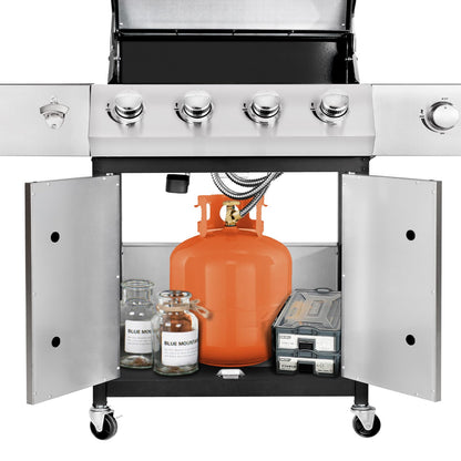Kendane 4-Burner Propane Gas BBQ Grill with Side Burner, Barbecue Gas Grill with Enameled Cast Iron Grates for Outdoor Patio Garden Barbecue, 53,000 BTU, Stainless Steel Grill Cover included