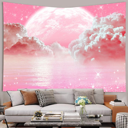 Pink Clouds Sky Tapestry Ocean Moon Stars Nature Landscape Tapestry Fantasy White Cloud Aesthetic Tapestries Wall Hanging for Girls Women Nursery Bedroom Living Room Bedroom Dorm 60X40Inch