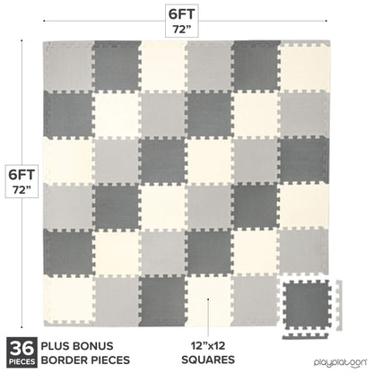Play Platoon Non-Toxic Foam Puzzle Floor Mat, Comfortable, Extra Thick, Cushiony Play Mat for Toddlers, Kids & Adults, 36 Tiles (12"x12"), Square, Grey/Cream/Charcoal