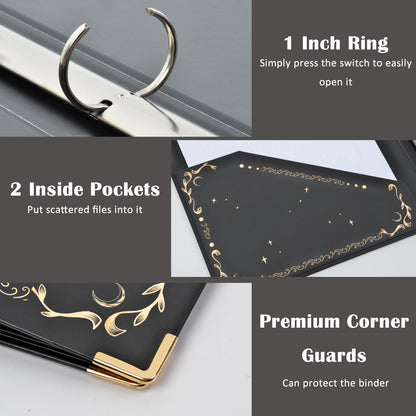 3 Ring Binder 1 Inch Three Ring Binder Cute Binder Fits A4 Paper Decorative Clipboard Binder with 5 Tab Dividers for School Office Supplies(Black Gold Sun Moon)