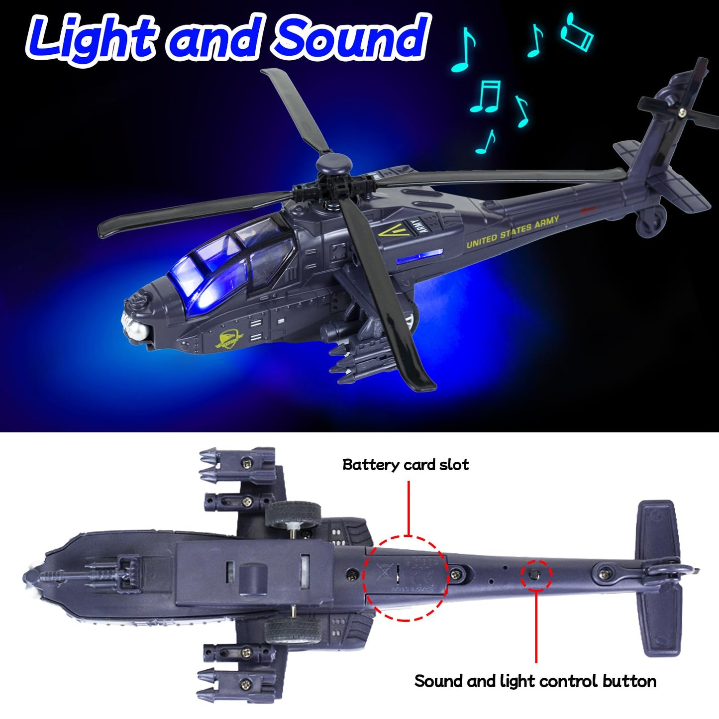 Tcvents Army Police Helicopter Toy for Boys Age 4-7, Diecast Military Toys Helicopter Model with Sounds & Lights, Pull Back Alloy Plane Birthday Gifts for Kids Toddlers 3-9 (Holder Included)