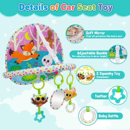 OKOOKO Car Seat Toy Rear Facing Car Seat Toy Baby Travel Toy Double-Sided with Baby Mirror Plush Toys Rattle Teether Thickened Pad Adjustable Sensory Toy for Newborn Infant