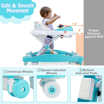 HONEY JOY Baby Walker, 6-in-1 Foldable Baby Walker and Bouncer Combo, Infant Activity Walker with Wheels, Adjustable Heights, Rocker, Music, Lights, Walker for Baby Boy Girl 7-14 Months (Green)