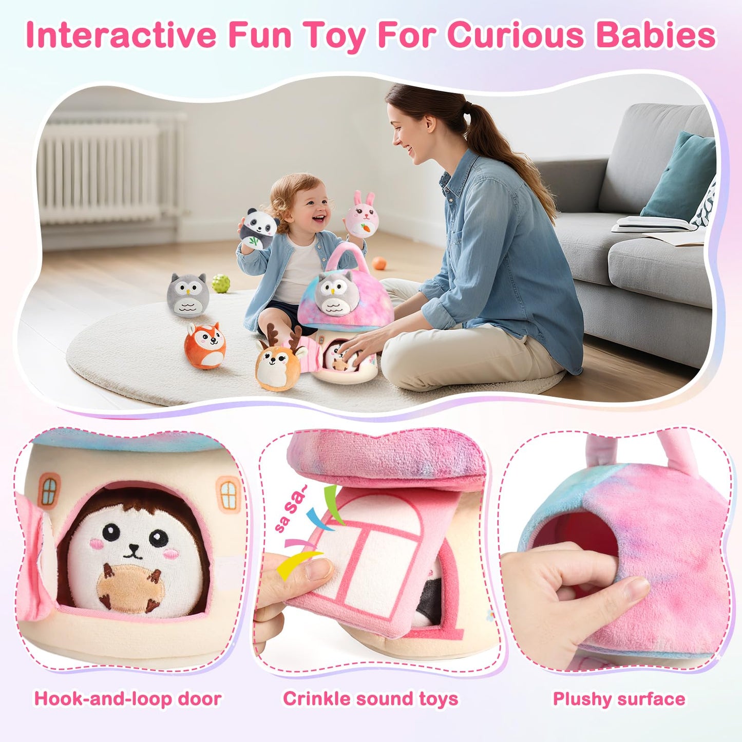 GUZROK Interactive Plush Mushroom House Playset with 6 Stuffed Animal Toys – Soft Sensory Toy for Babies & Toddlers, Montessori Learning Plush with Crinkle Sounds – Portable Gift for Boys & Girls