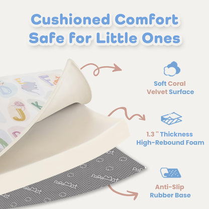 PaPaMat 1.3" Thick Educational Baby Floor Play Mat 59x79, Basic Padded Memory Foam Kids Mat, Non-Slip Plush Playmat for Nursery Playroom Classroom (ABC Animal)