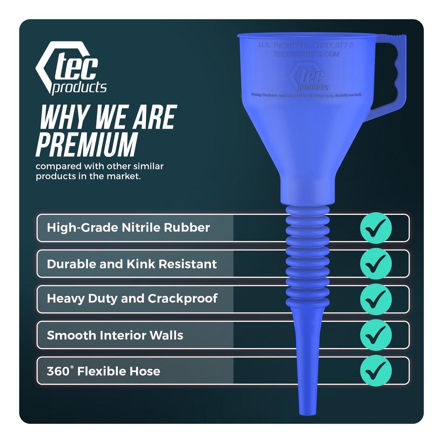 TEC Products FlexAll Long Flexible Funnels - Automotive Oil Funnel with Hose, Durable Nitrile Rubber for Oil Change, Transmission Funnel Fluid, Diesel, Fuel, Gas - Made in USA - Blue (12 x 4 Inches)