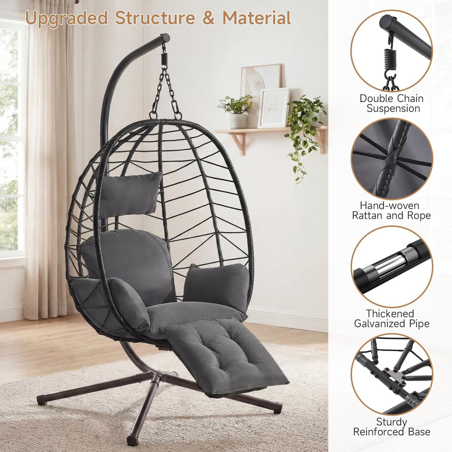 Wicker Egg Chair Outdoor, Hammock Chair with Footrest & Stand, Patio Swing with Cushion & Double Chains, Hanging Aluminum Alloy Steel Frame, 350LBS Capacity for Deck, Balcony, Grey