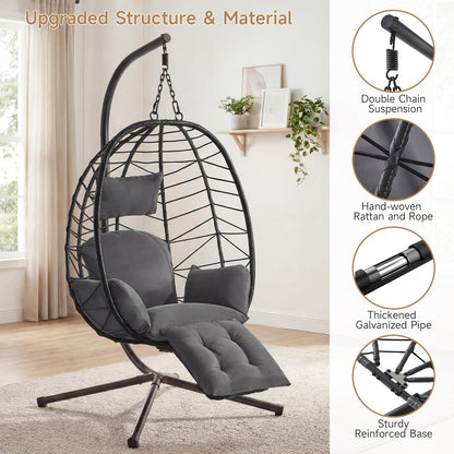 Wicker Egg Chair Outdoor, Hammock Chair with Footrest & Stand, Patio Swing with Cushion & Double Chains, Hanging Aluminum Alloy Steel Frame, 350LBS Capacity for Deck, Balcony, Grey