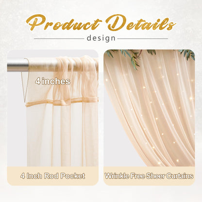 10x10ft Champagne Tulle Backdrop Curtain with Lights String for Parites, Sheer Photo Backdrop Curtains for Wedding Ceremony Bridal Shower Baby Shower Birthday Party Photo Shoot Background Decorations