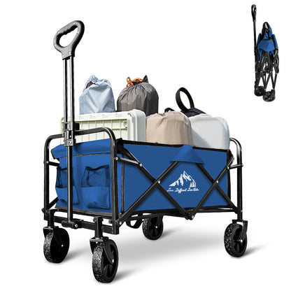 VOYSIGN Garden Cart Folding Wagon with Small Wheel, Collapsible Outdoor Wagon Cart Heavy Duty with Universal Wheels & Adjustable Handle, Utility Grocery Wagon for Camping Shopping, Sports - Navy Blue