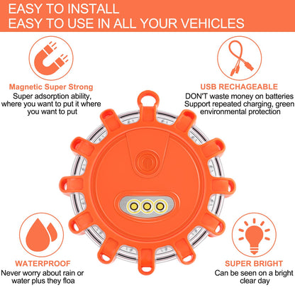 VANCLE USB C Rechargeable LED Road Flares Emergency Lights Roadside Warning Car Traffic Safety Beacon Flashing Disc Flare Kit Strobe with Magnetic Base for Construction Vehicles Truck Boat, 3 Pack