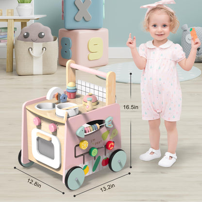 wiqins Wooden Baby Walker 9-in-1 Activity Center with Toddlers Montessori Sensory Toys and Play Kitchen Push Walker for Kids with Wheels and Storage Space, Ideal Gift for Girls Boys Ages 6-36 Month