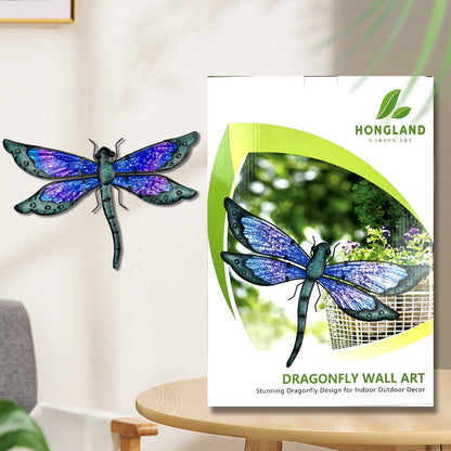 HONGLAND Metal Dragonfly Decor, Dragonfly Outdoor Wall Decor, Metal Wall Art, Wall Sculptures Gifts Hanging Decorations for Garden Yard Home-Blue 14 Inch