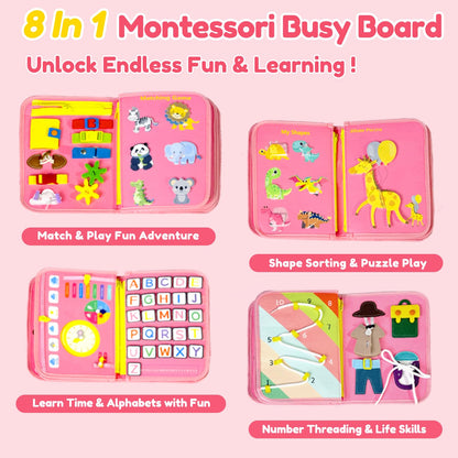 Qizfun Toddler Busy Board Montessori Toys – Sensory Busy Book, Educational Learning Travel Toy for Airplane & Car, Keeps Toddlers Engaged, Birthday Gifts for Toddler Girls