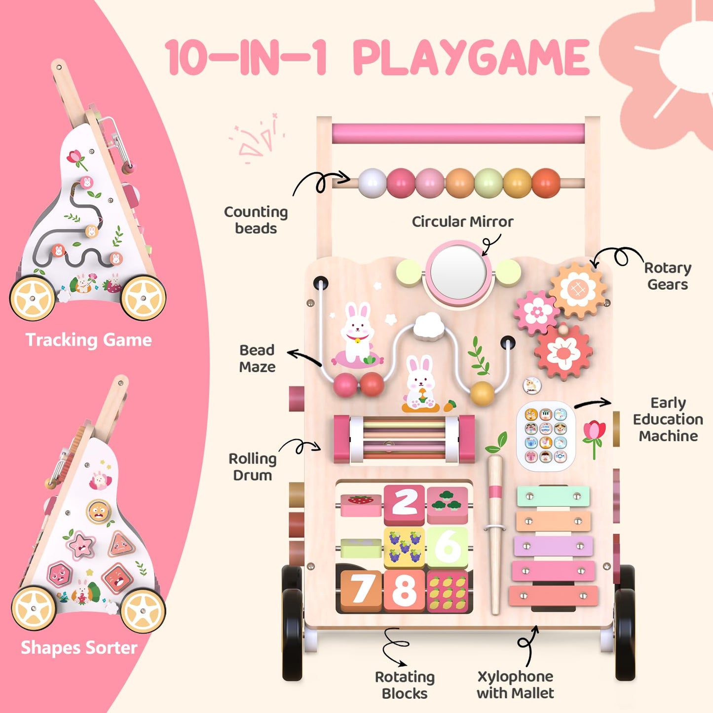 Wooden Baby Walker, Push Walker with Wheels, Montessori Activity Center Walker for Toddlers 12+ Months, Adjustable Height & Speed Learning Walking Toy for 1 Year Old Boys and Girls (Pink)