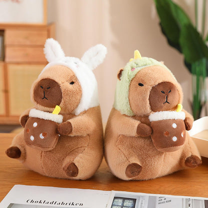 Karoeiwa Dinosaur Capybara Plush Drinking Milk Tea 11 inch Cute Dino Capibara Stuffed Animal Ultra Soft Plushies Toys Kawaii Gifts for Kids Brown