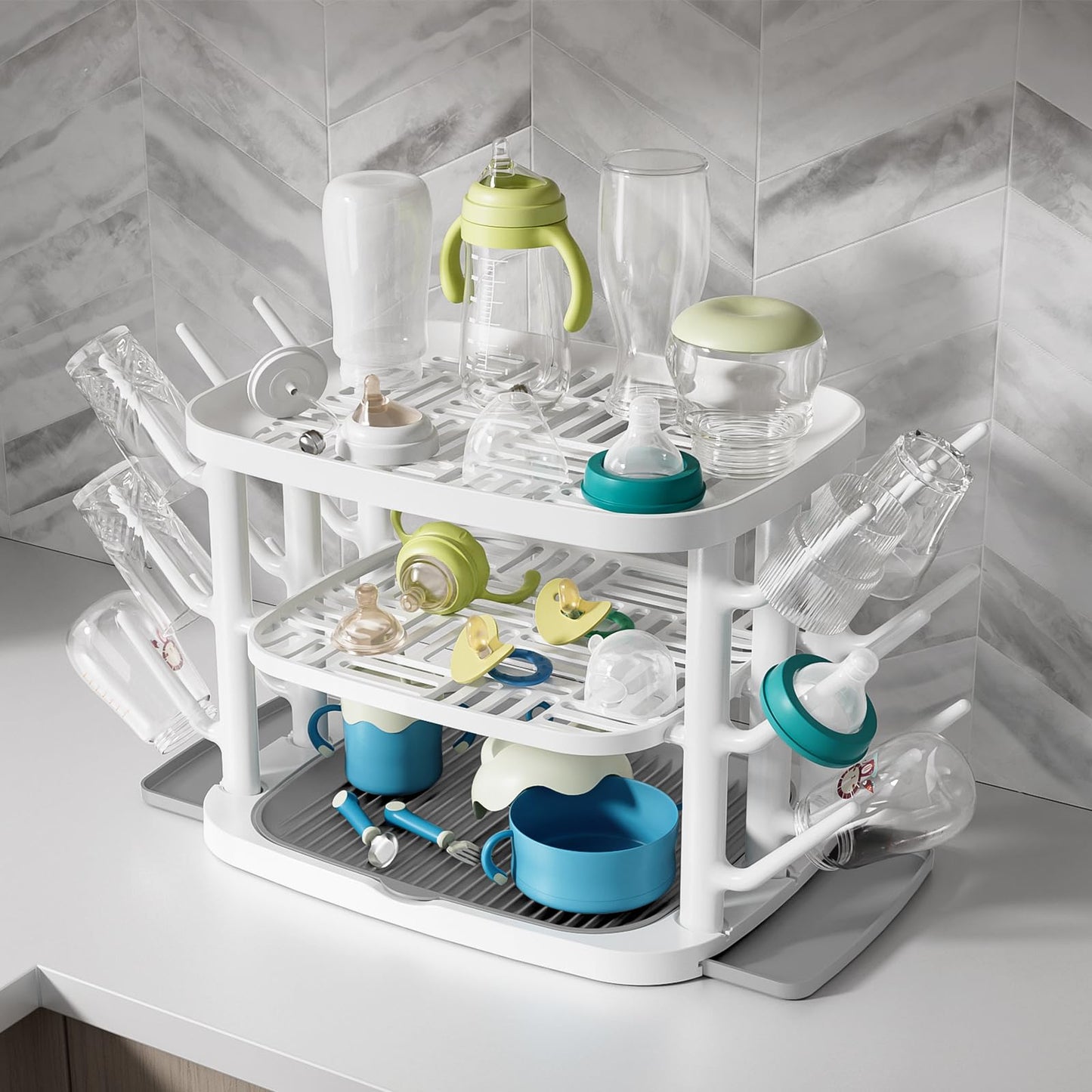 GREENDADI Baby Bottle Drying Rack,3-Tier Large Capacity Countertop Organizer with 360° Ventilation, Removable Drip Tray, Non-Slip Base – Easy to Clean Bottle Holder for Baby Accessories