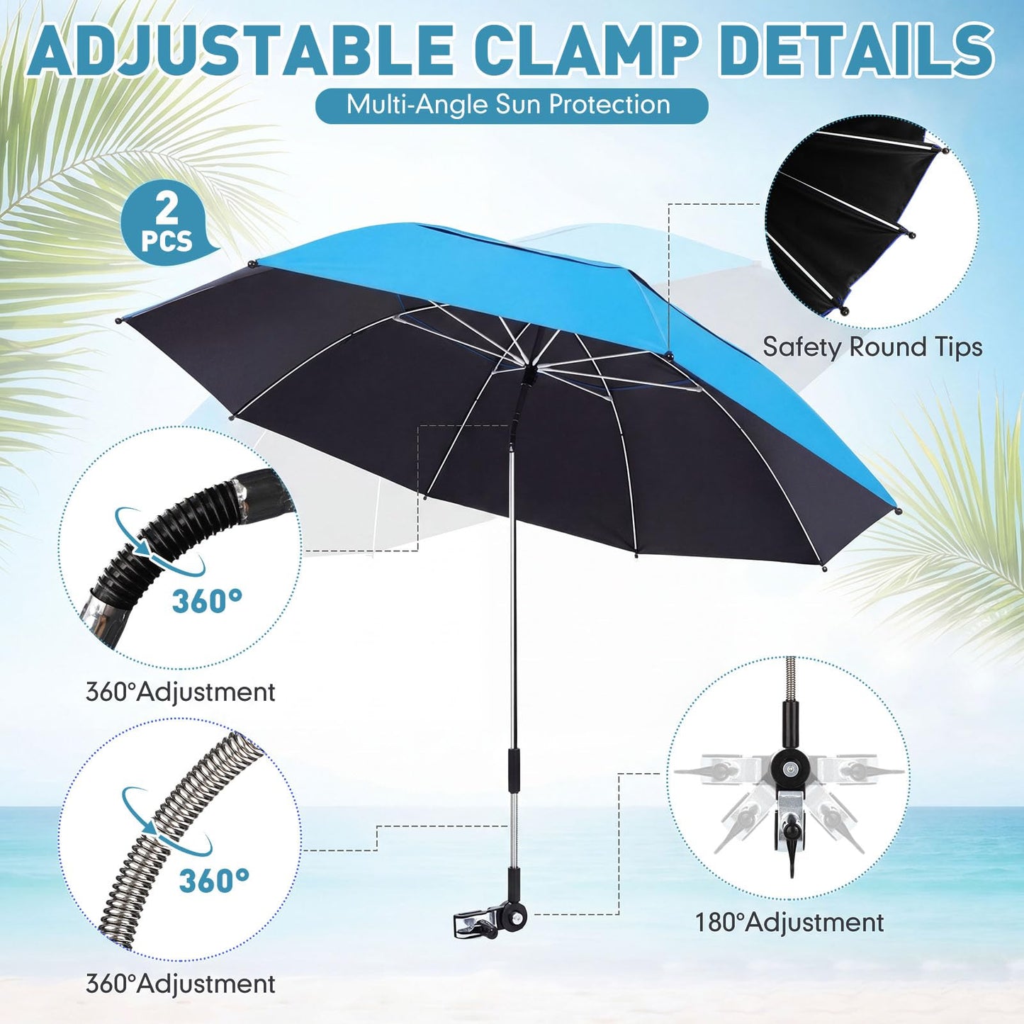 Nuanchu 2 Pcs 49" Double Canopy Beach Umbrellas with Clamp Upf50+ Beach Chair Umbrella with Clip 360 ° Adjustable Portable Outdoor Wheelchair Patio Golf Carts Camping Stroller Fishing(Sky Blue)