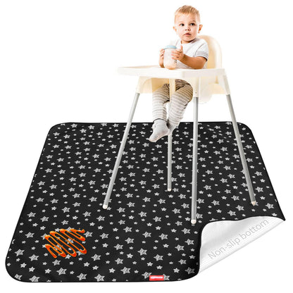 High Chair Mat Waterproof and Washable Splat Mat, Baby Splat Mat for Under High Chair, Non Slip Mat for Art/Crafts/Playtime, Protable Picnic Table Cloth Mat, 46'' x 42'', Black Star