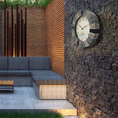 OCEST 13 Inch Large Outdoor Indoor Clock, Waterproof Wall Clock with Thermometer, Weather-Resistant Non-Ticking Battery Operated Decor for Patio, Pool, Lanai, Fence, Porch, Garden（Brown）