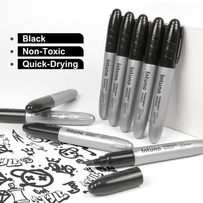 INTUNO Jumo Permanent Markers, 60 Count Black, Chisel tip, Oil-Based Permanent Markers, Waterproof and Fade-Resistant, for Paper, Wood, Metal, Glass and More