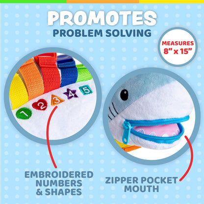 Buckle Toys - Bruce Shark Stuffed Animal - Montessori Learning Activity Travel Toy for Toddlers - Develop Motor Skills and Problem Solving